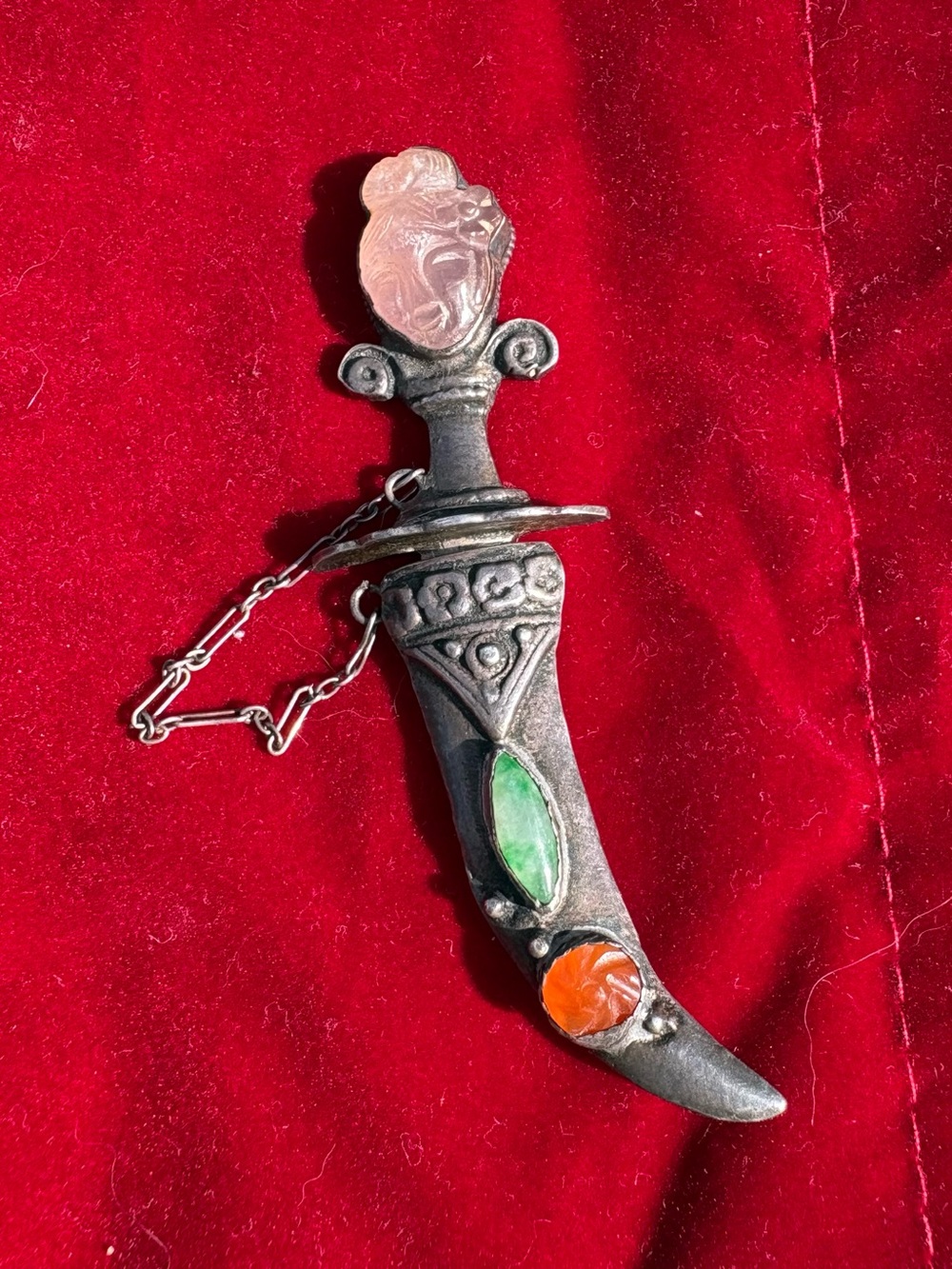 Sterling Silver Dagger Brooch with Rose Quartz, Jadeite and Carnelian/Agate